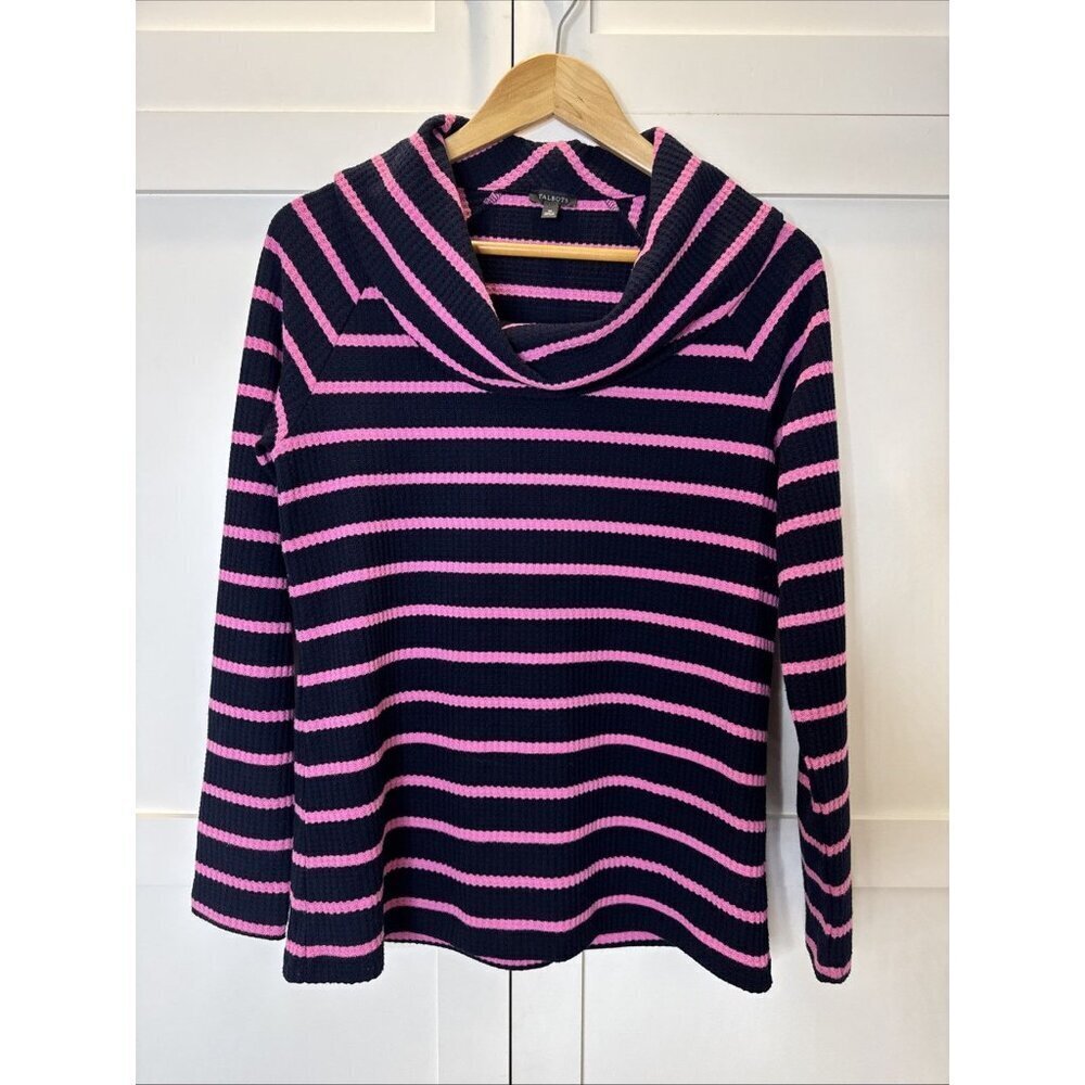 Talbots Sweater M Navy Pink Stripe Waffle Knit Cowl Neck Pullover Casual Top - Picture 1 of 7